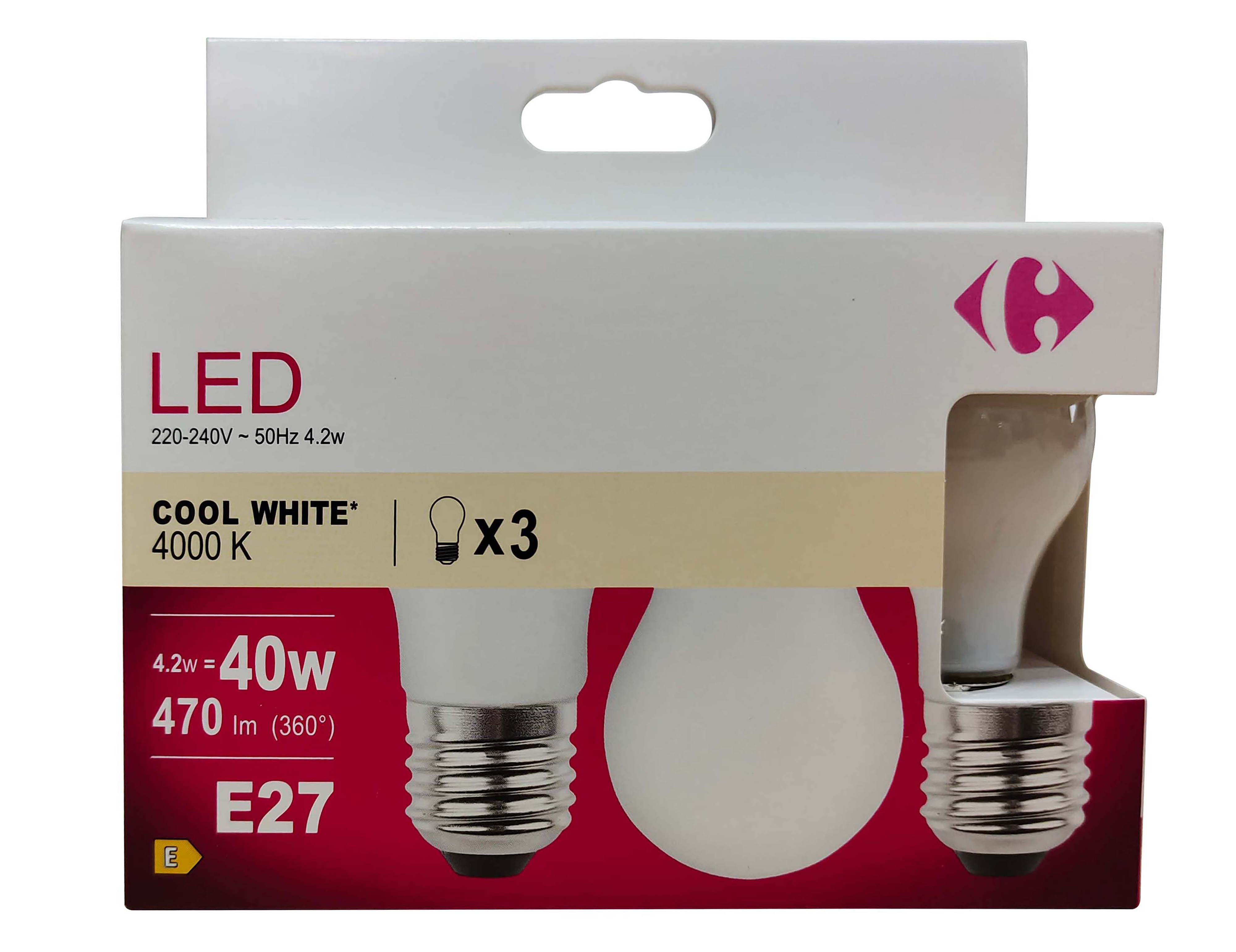 Carrefour 3 led sferica 40W, attacco E27, luce fredda