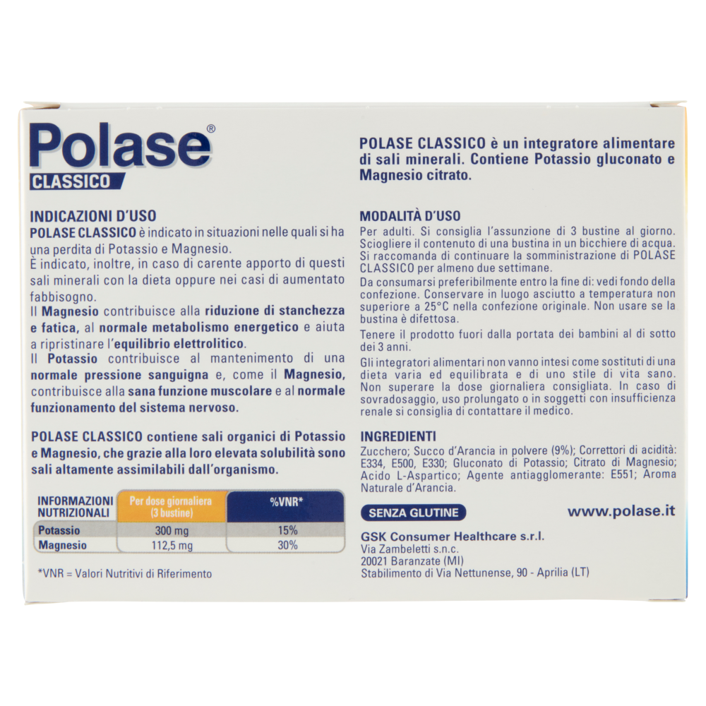 Polase integratore alimentare potassio, magnesio e sali minerali gusto arancia 12 bustine 132 g