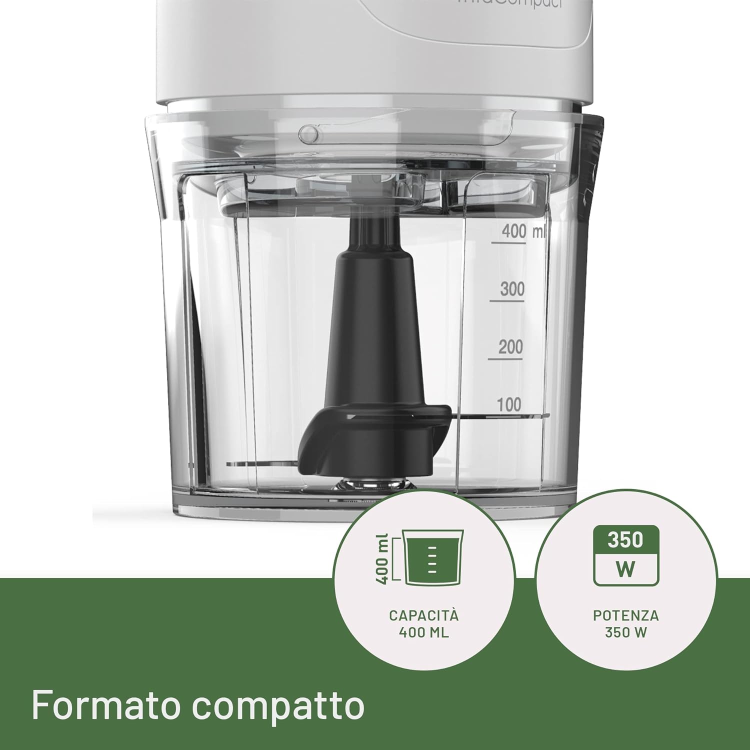 Imetec Tritacompact tritatutto, Lame in acciaio inox, Capienza contenitore 400 ml, Funzionamento a pressione, Compatto, 350 w