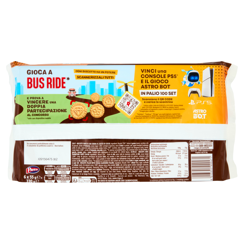 Ringo Cacao Biscotti Farciti con Crema Cacao Snack Merenda 6 porzioni, 330g