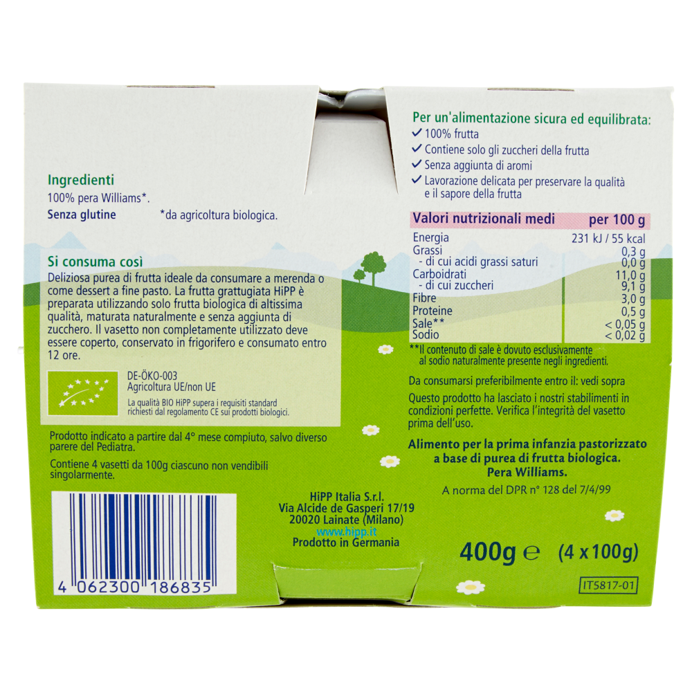 HiPP Biologico Frutta Grattugiata Pera Williams 4 x 100 g