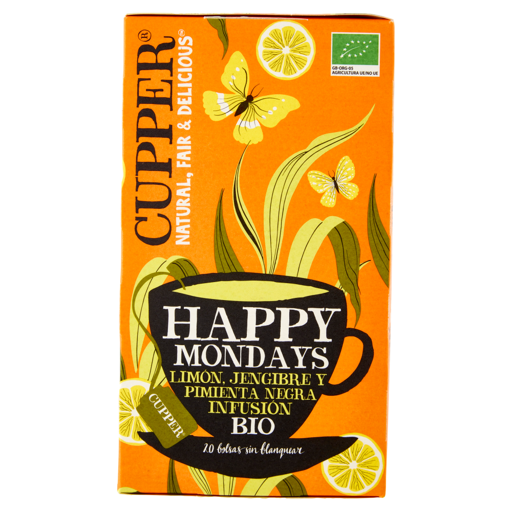 CUPPER Happy Mondays Infuso Bio con Limone, Zenzero e Pepe Nero, Tisana Speziata, 20 Bustine 45 g