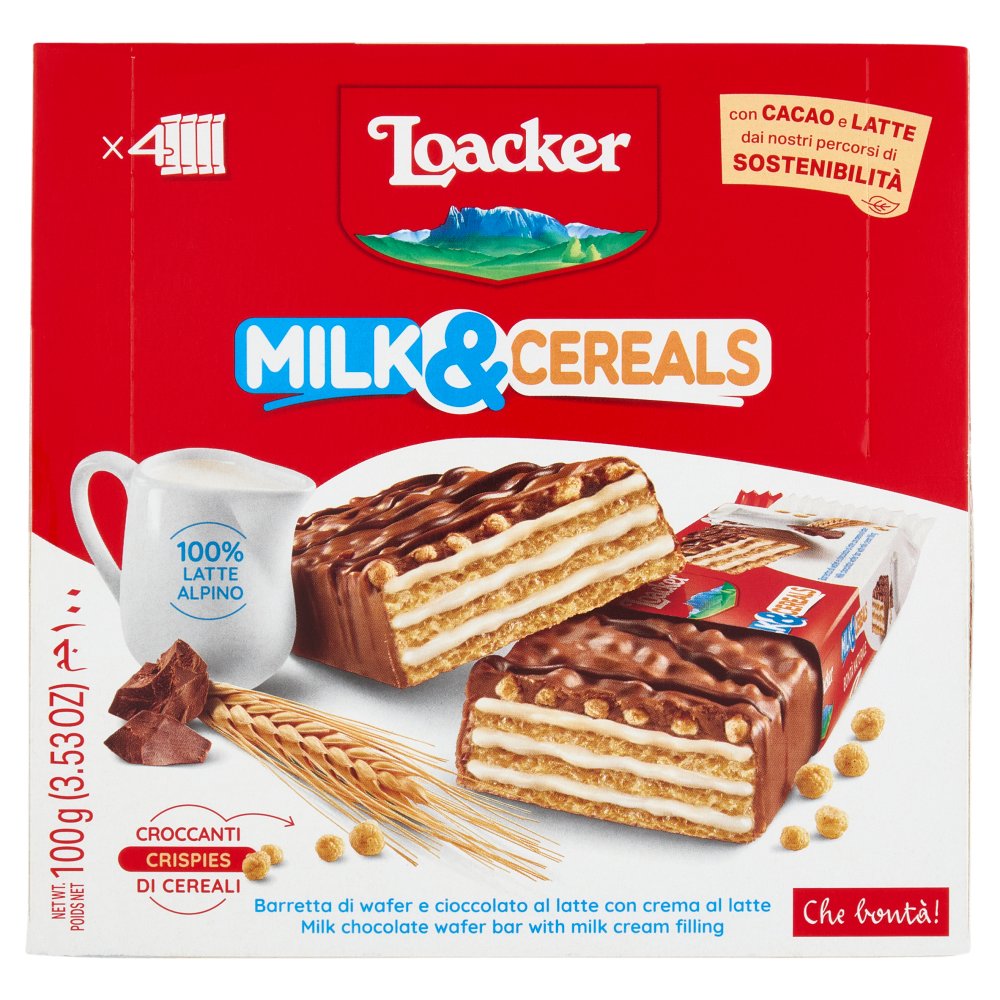 Loacker Milk & Cereals Barrette di Wafer e Cioccolato al Latte con crema al Latte 25gx4