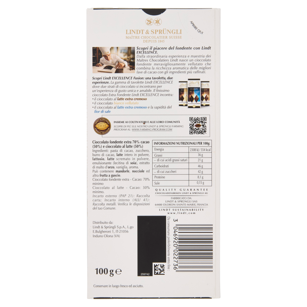 Lindt Excellence Fusion Tavoletta 2 strati cioccolato fondente 70% e latte 100 g