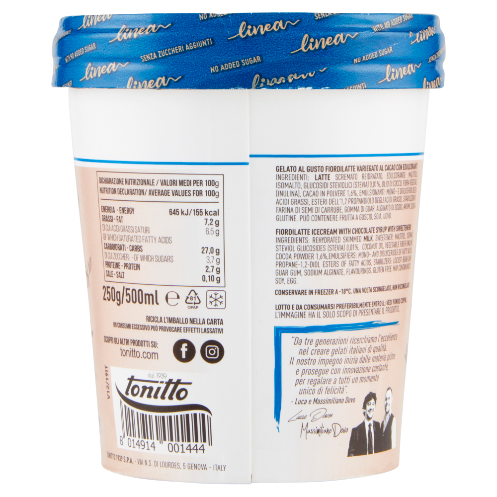 tonitto linea Senza Zuccheri Aggiunti Fiordilatte Variegato Cacao 250 g