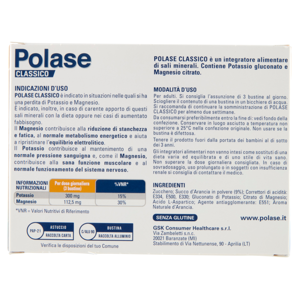 Polase Classico Integratore Alimentare Magnesio e Potassio Sali Minerali Arancia 30 bustine 330 g