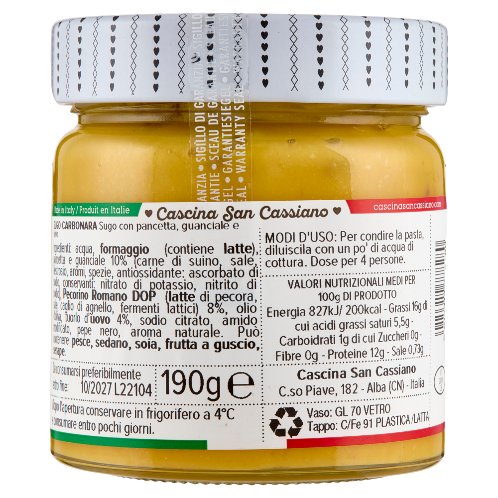 cascina San Cassiano La Dispensa Sugo Carbonara con guanciale e Pecorino Romano DOP 190 g