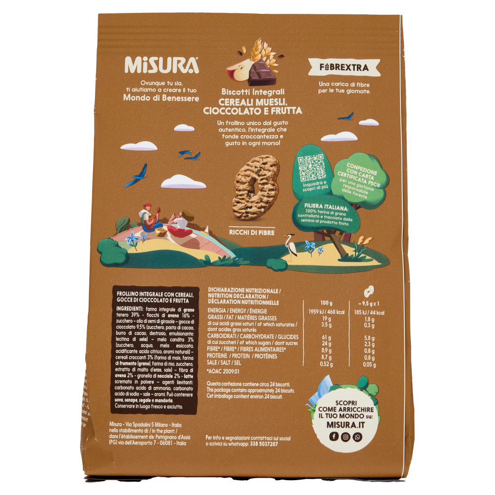 Misura Fibrextra Biscotti integrali Cereali Muesli, Cioccolato e Frutta 230 g