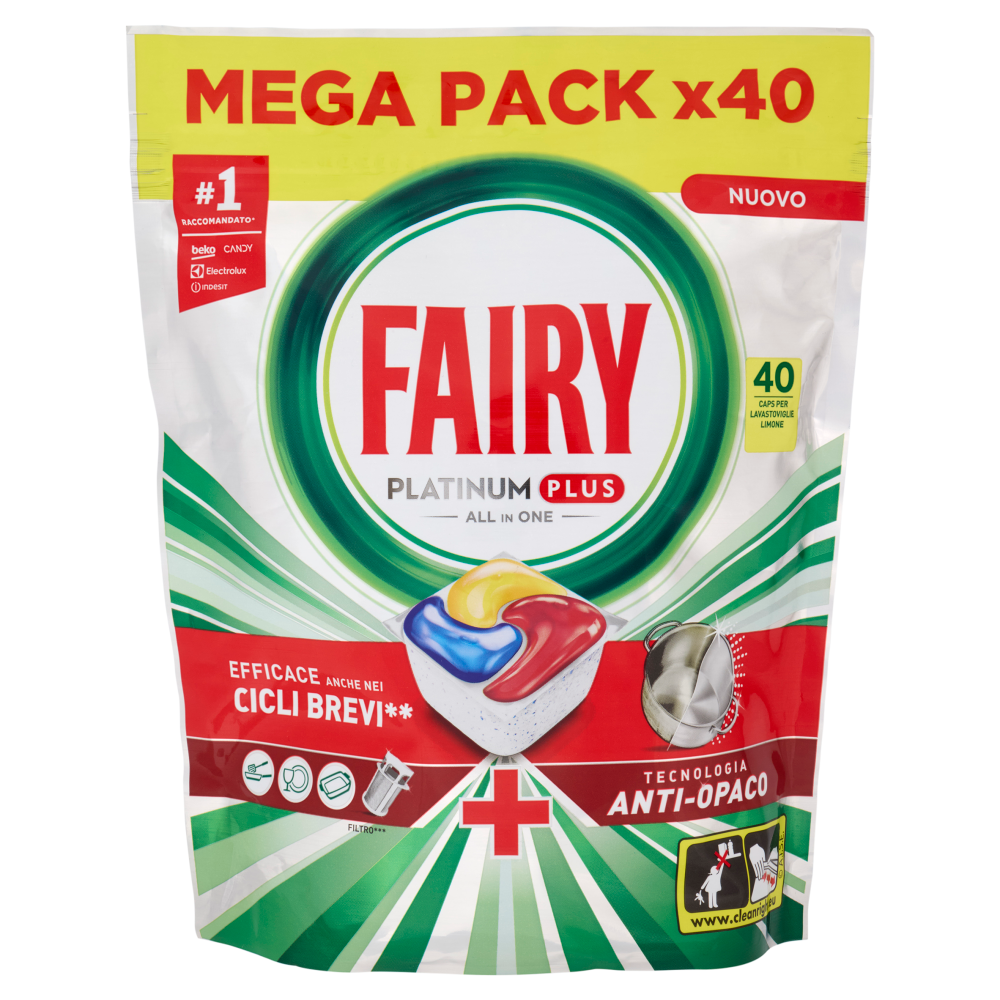 Fairy Pastiglie Lavastoviglie Platinum Plus All in One, Detersivo Piatti Limone, 40 Capsule 620 g