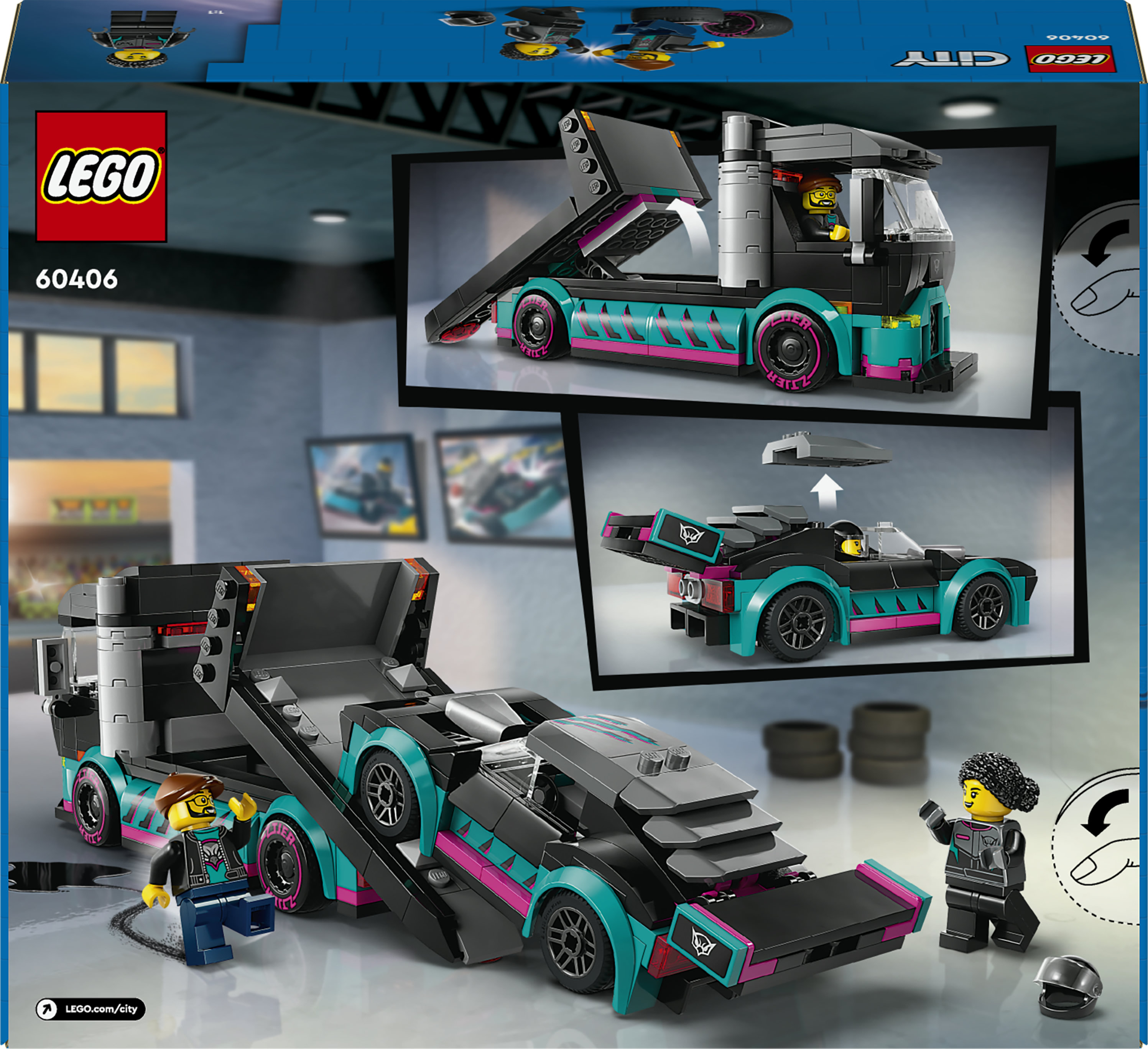 LEGO City 60406 Auto da Corsa e Trasportatore, Macchina e Camion Giocattolo per Bambini di 6+, Veicolo con Rampa Funzionante