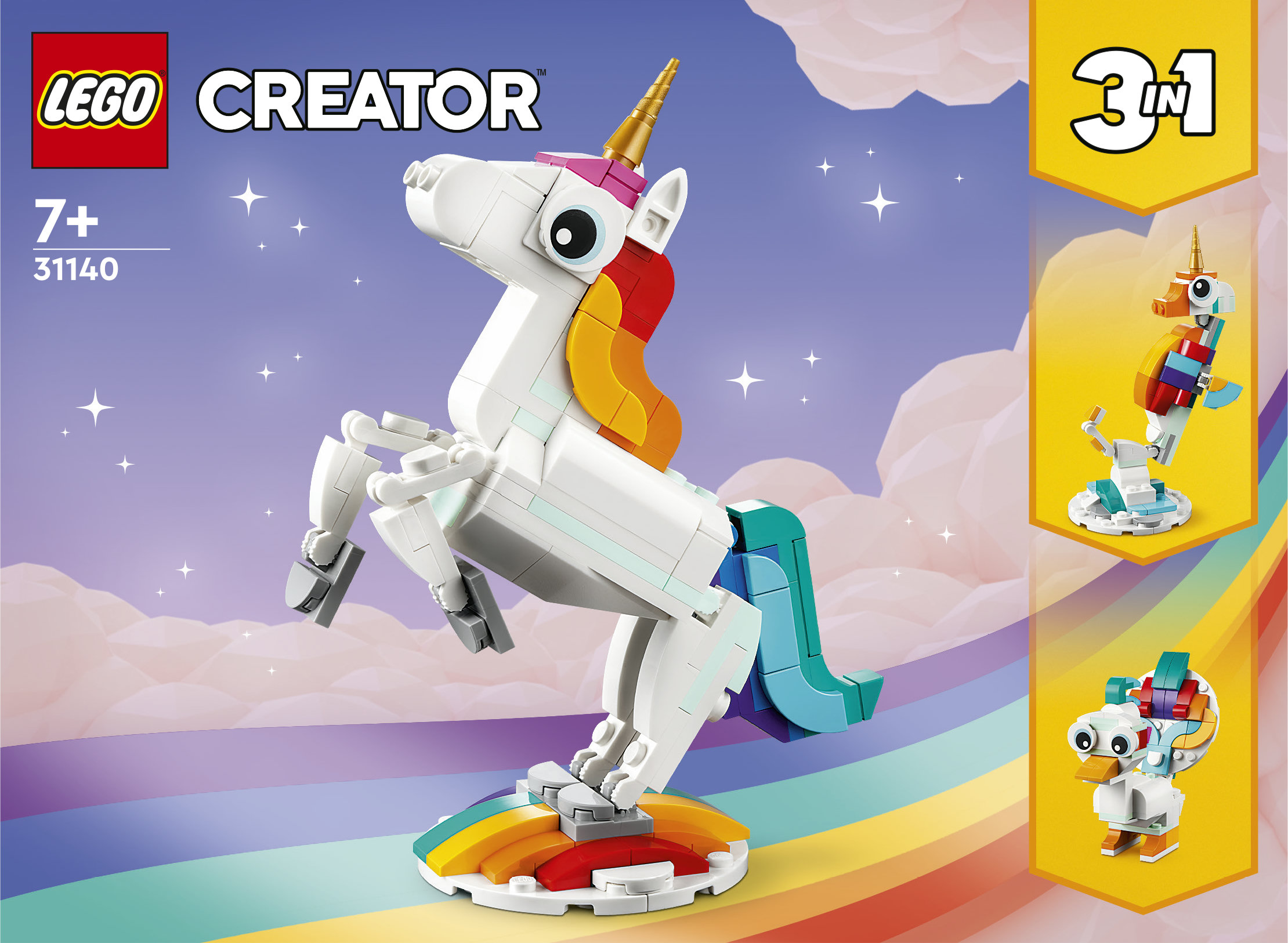 LEGO Creator 31140 Unicorno Magico con Arcobaleno, Set 3 in 1 con Animali Giocattolo Fantastici, Cavalluccio Marino e Pavone