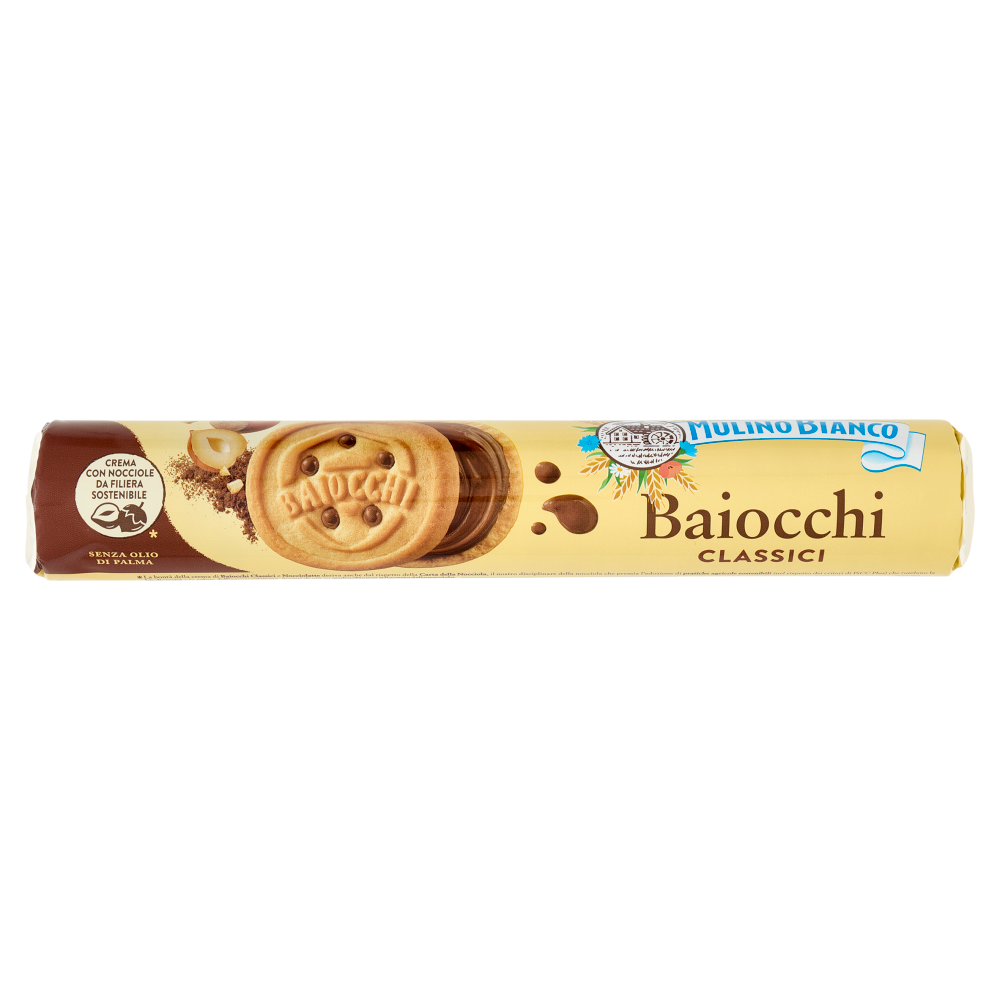 Mulino Bianco Baiocchi Biscotti Snack Farciti con Crema alla Nocciola e Cacao 168g