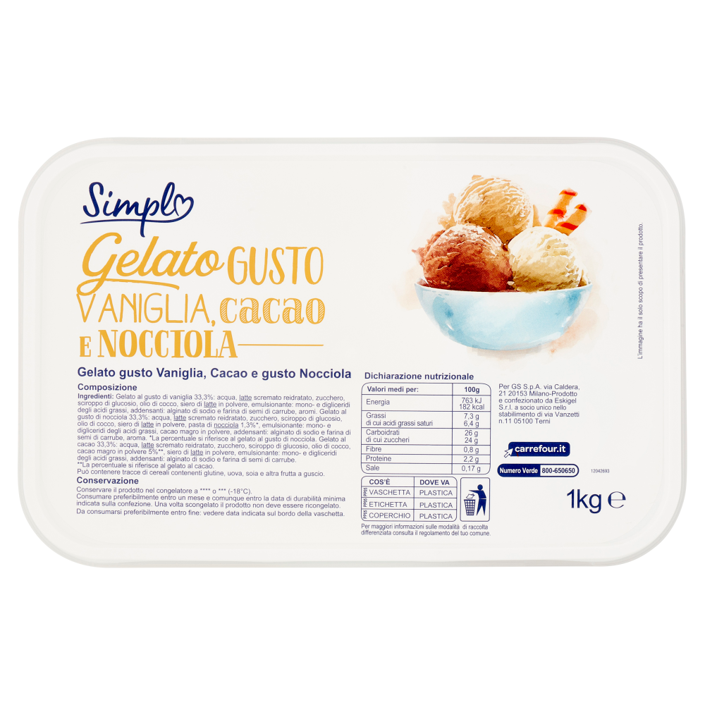 Simpl Gelato Gusto Vaniglia, cacao e Nocciola 1 Kg