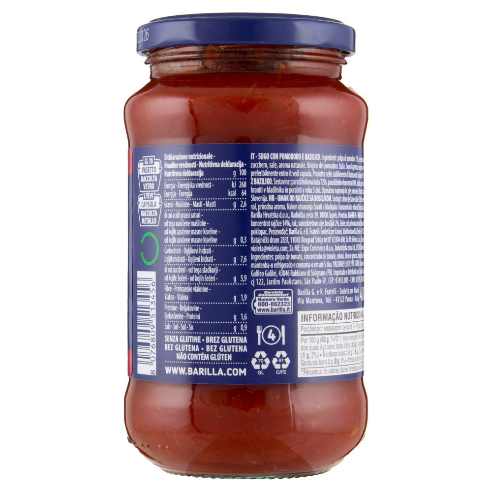 Barilla Sugo Basilico 100% Pomodoro e Basilico Italiani Condimento per Pasta 400g