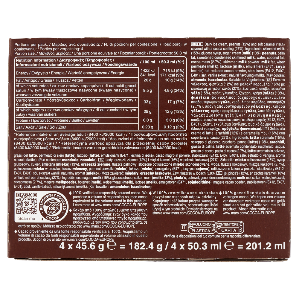 Snickers Barretta Gelato con cioccolato, caramello e arachidi tostate, Multipack da 4 x 45.6 g