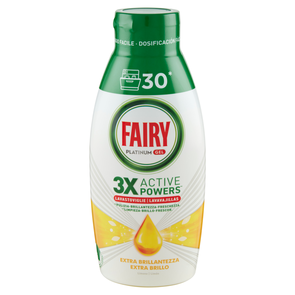 Fairy Gel Lavastoviglie Platinum Extra Brillantezza Detersivo Piatti Profumo Limone 30 Lavaggi 600ml