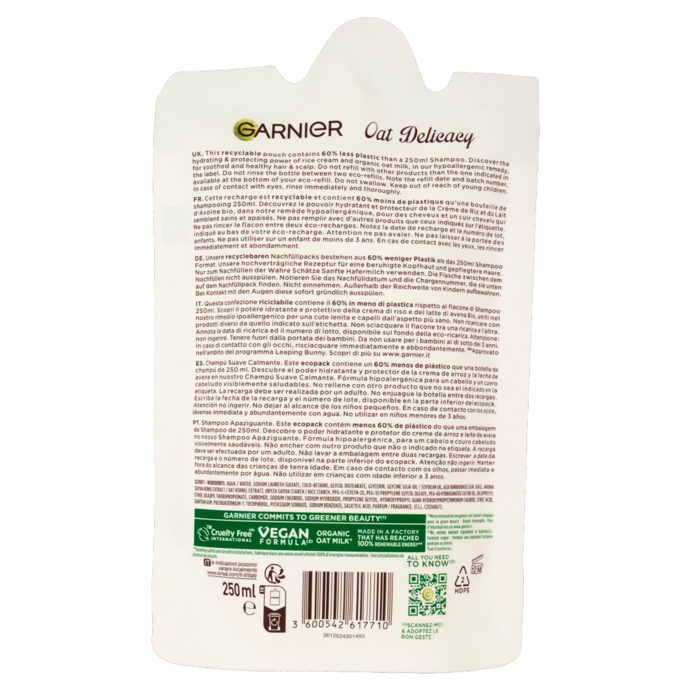 Garnier Ultra Dolce Dolcezza d'Avena, Eco-Ricarica Shampoo Delicato Lenitivo, 250 ml