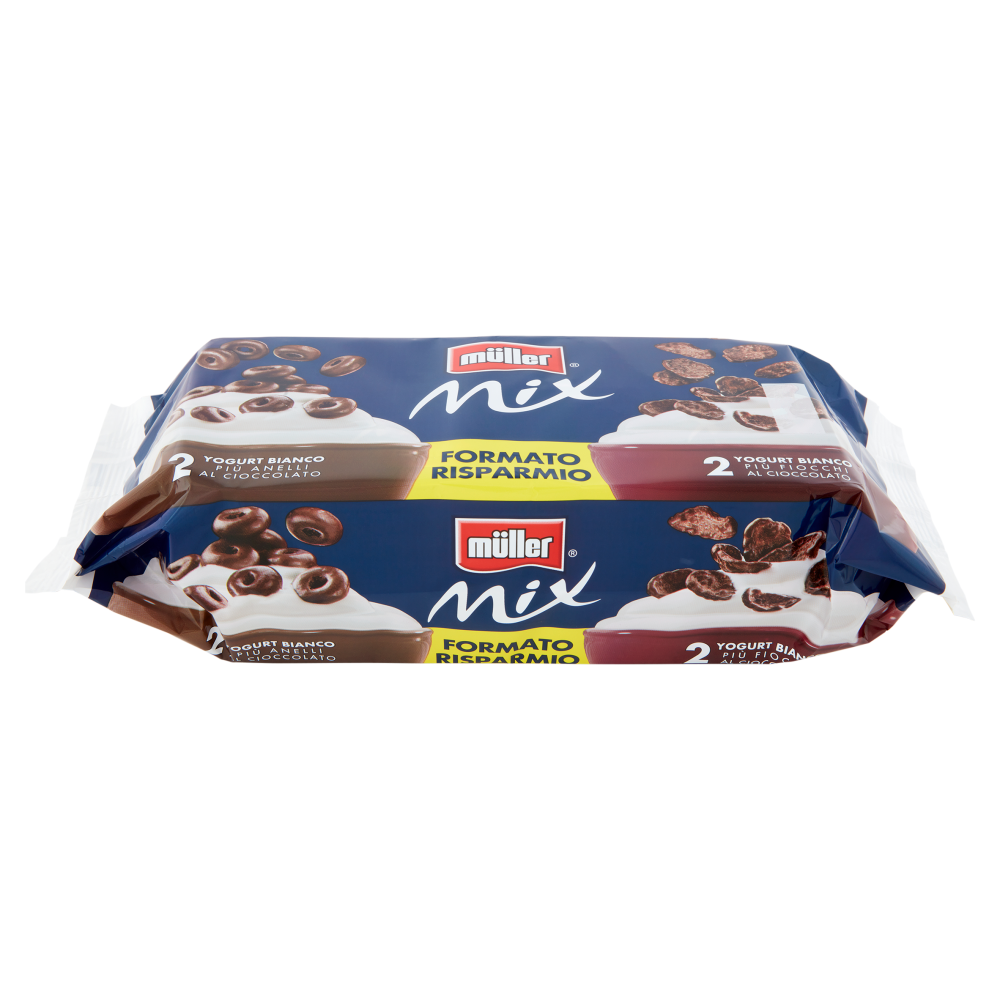 müller Mix 2 Yogurt Bianco Più Anelli al Cioccolato+2 Yogurt Bianco Più Fiocchi al Cioccolato 4x150g