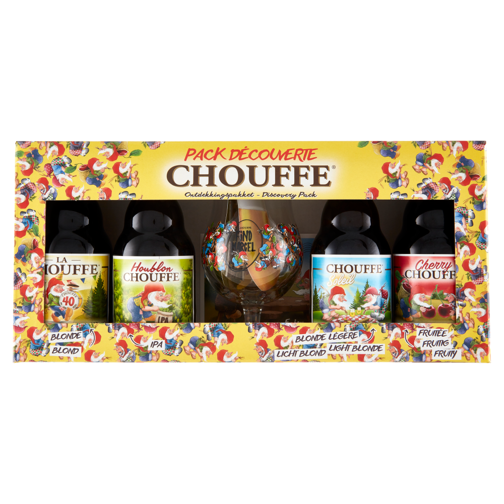 Chouffe Discovery Pack la Chouffe, Chouffe Cherry, Chouffe Lite 4%, Chouffe IPA 4x330ml+1 Bicchiere