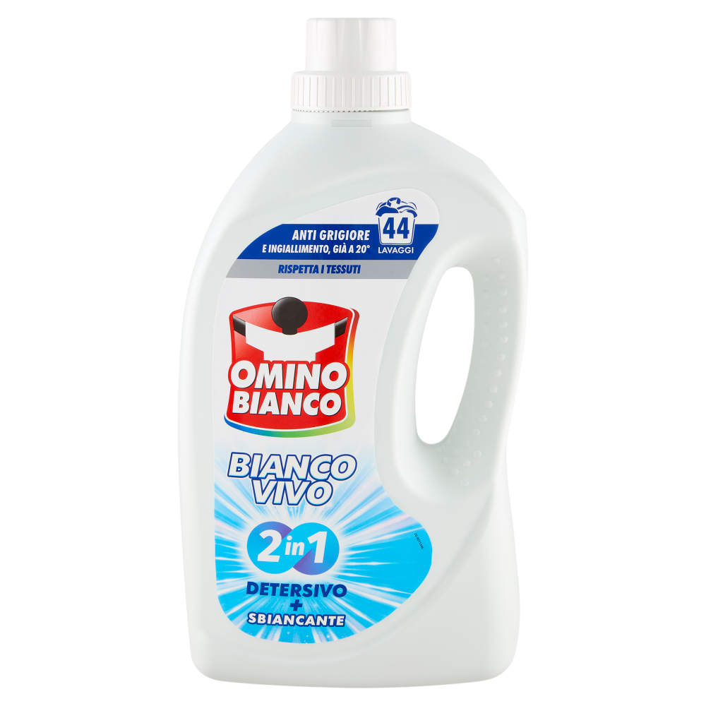 Omino Bianco Bianco Vivo 2 in 1 Detersivo Lavatrice Liquido + Sbiancante 44 Lavaggi 1760 ml