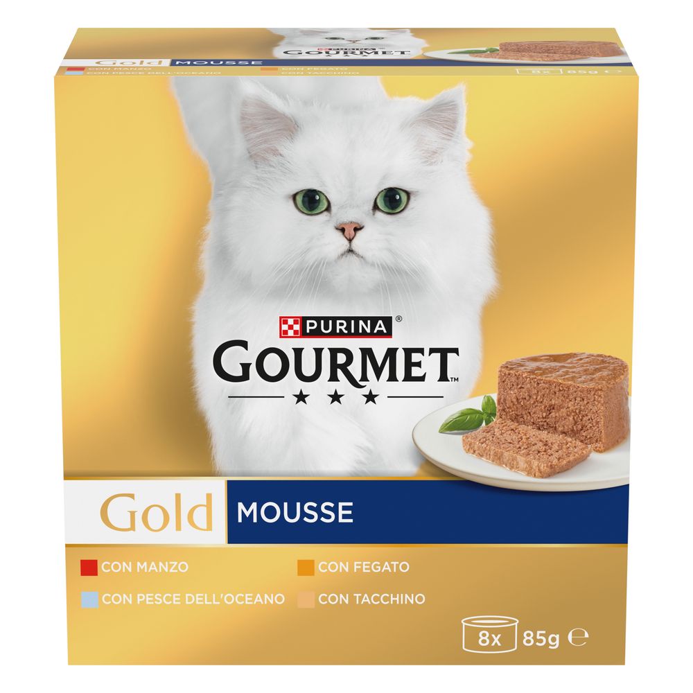 GOURMET Gold Cibo Umido per Gatti Adulti, Mousse con Manzo, Fegato, Pesce dell'Oceano e Tacchino, 8 lattine da 85g