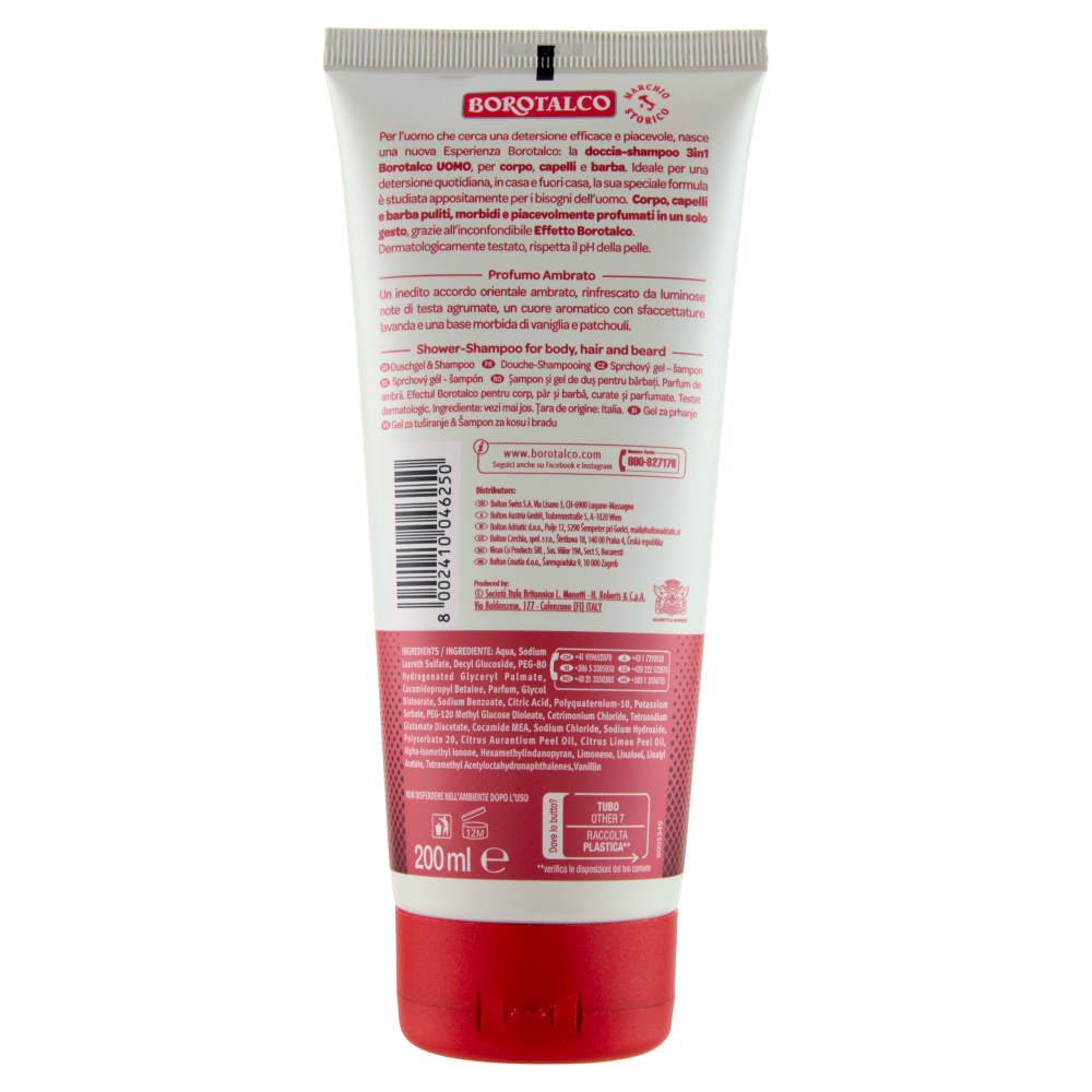 Borotalco Uomo 3in1 Profumo Ambrato Doccia-Shampoo 200 ml