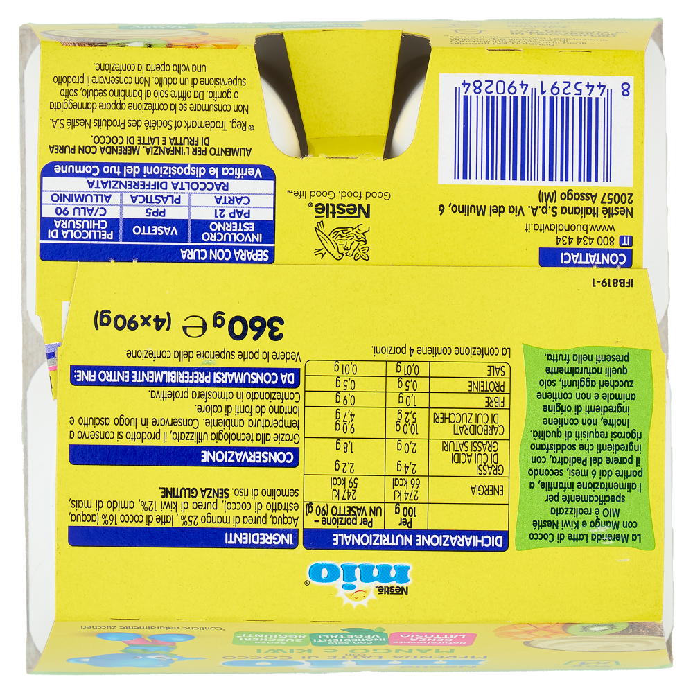 NESTLÉ MIO Merenda al Latte di Cocco Mango e Kiwi 4 Vasetti da 90g