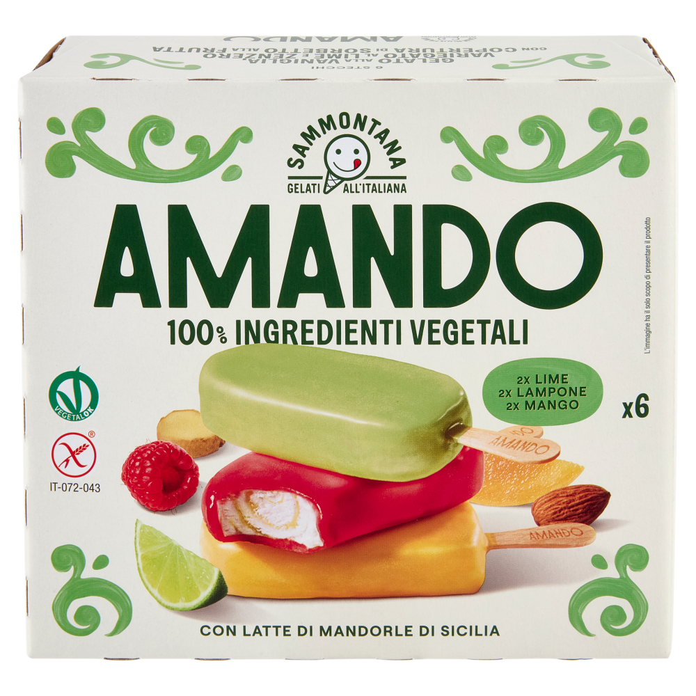 Sammontana Amando 6 Stecchi alla Vaniglia, Variegato Lime e Zenzero, Copertura Sorbetto Frutta 6x55g