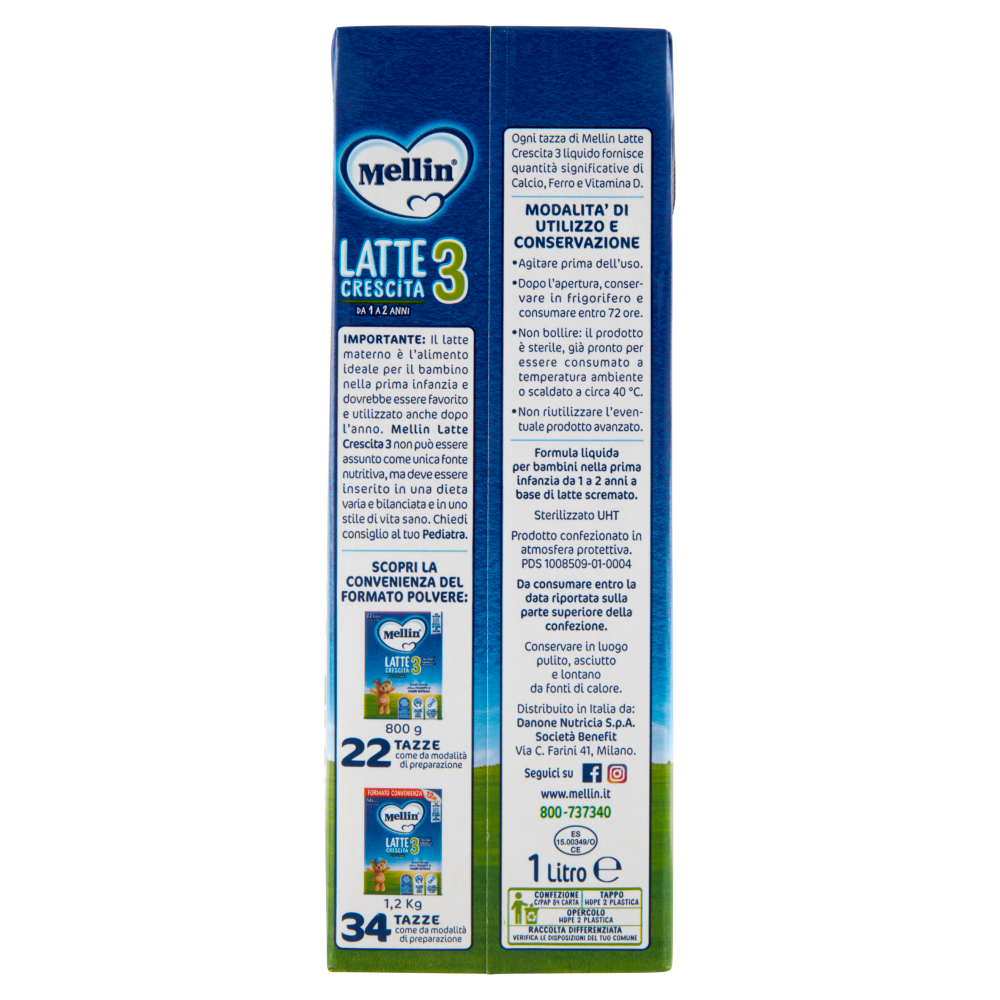 MELLIN 3 - Latte di Crescita Liquido per Bambini da 1 a 2 anni 1L