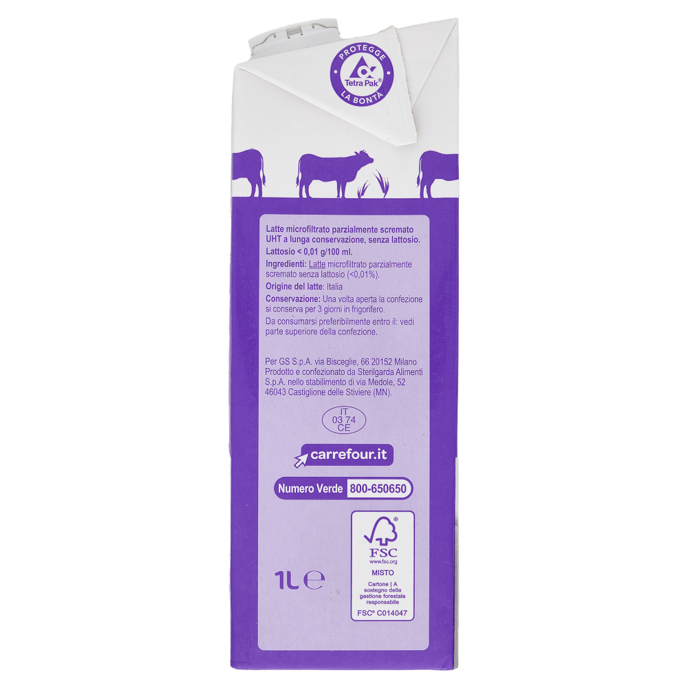 Carrefour Classic Senza Lattosio Latte Microfiltrato UHT Parzialmente Scremato 1 L
