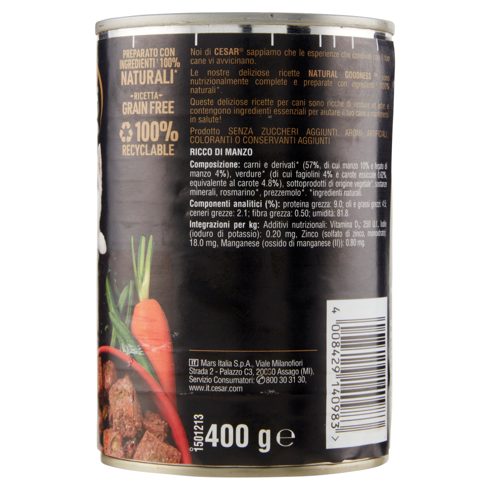 Cesar Natural Goodness Ricco di Manzo, Guarnito con Carote, Fagiolini ed Erbe 400 g