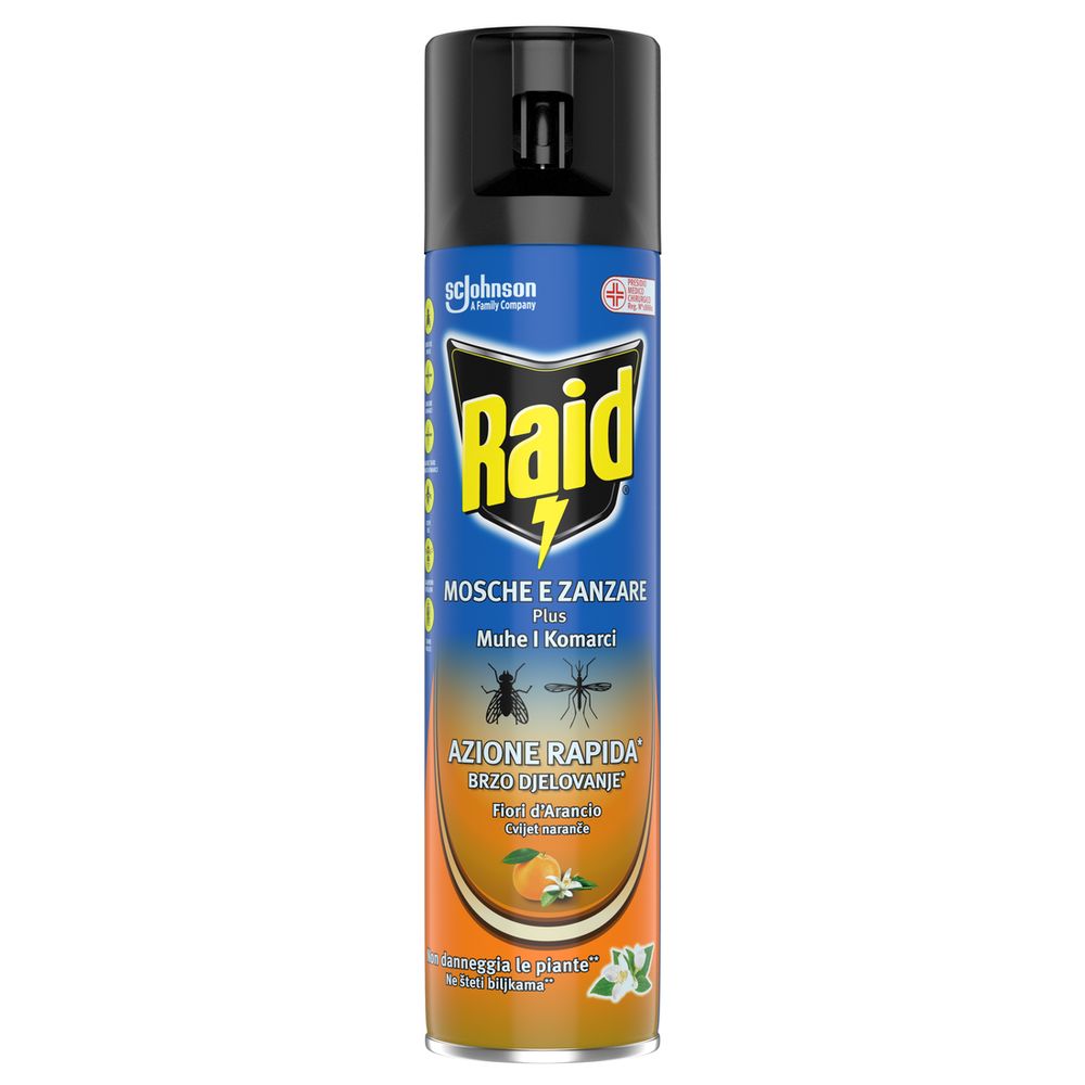 Raid Mosche e Zanzare Spray, Insetticida per Mosche e Zanzare, Azione Rapida, Fragranza Fiori d'Arancio, 400 ml