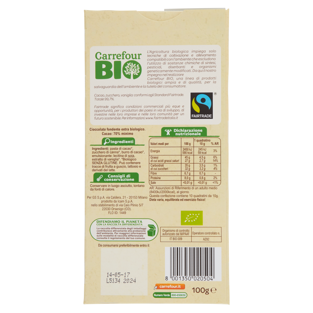 Carrefour Bio Cioccolato extra fondente 100 g