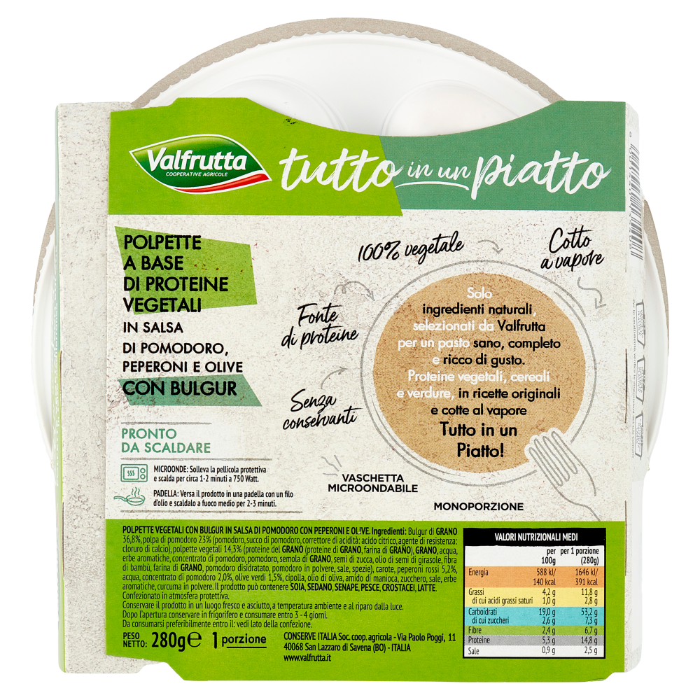 Valfrutta tutto in un piatto Polpette Vegetali con Bulgur in salsa mediterranea 280 g