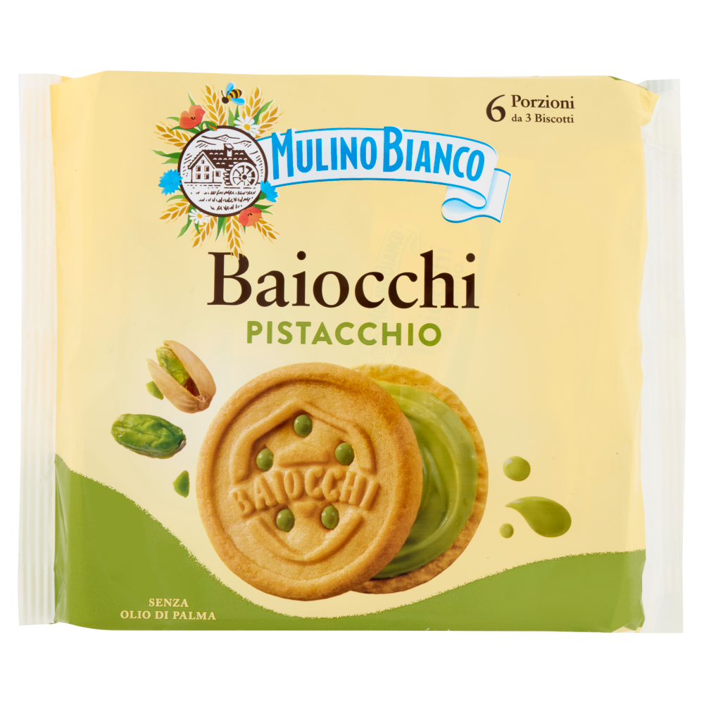 Mulino Bianco Baiocchi Biscotti Snack Farciti con Crema al Pistacchio 168g