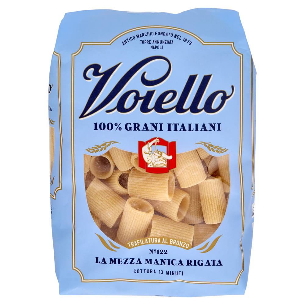 Voiello Pasta La Mezza Manica Rigata N°122 grani 100% italiani Trafilata bronzo 500g