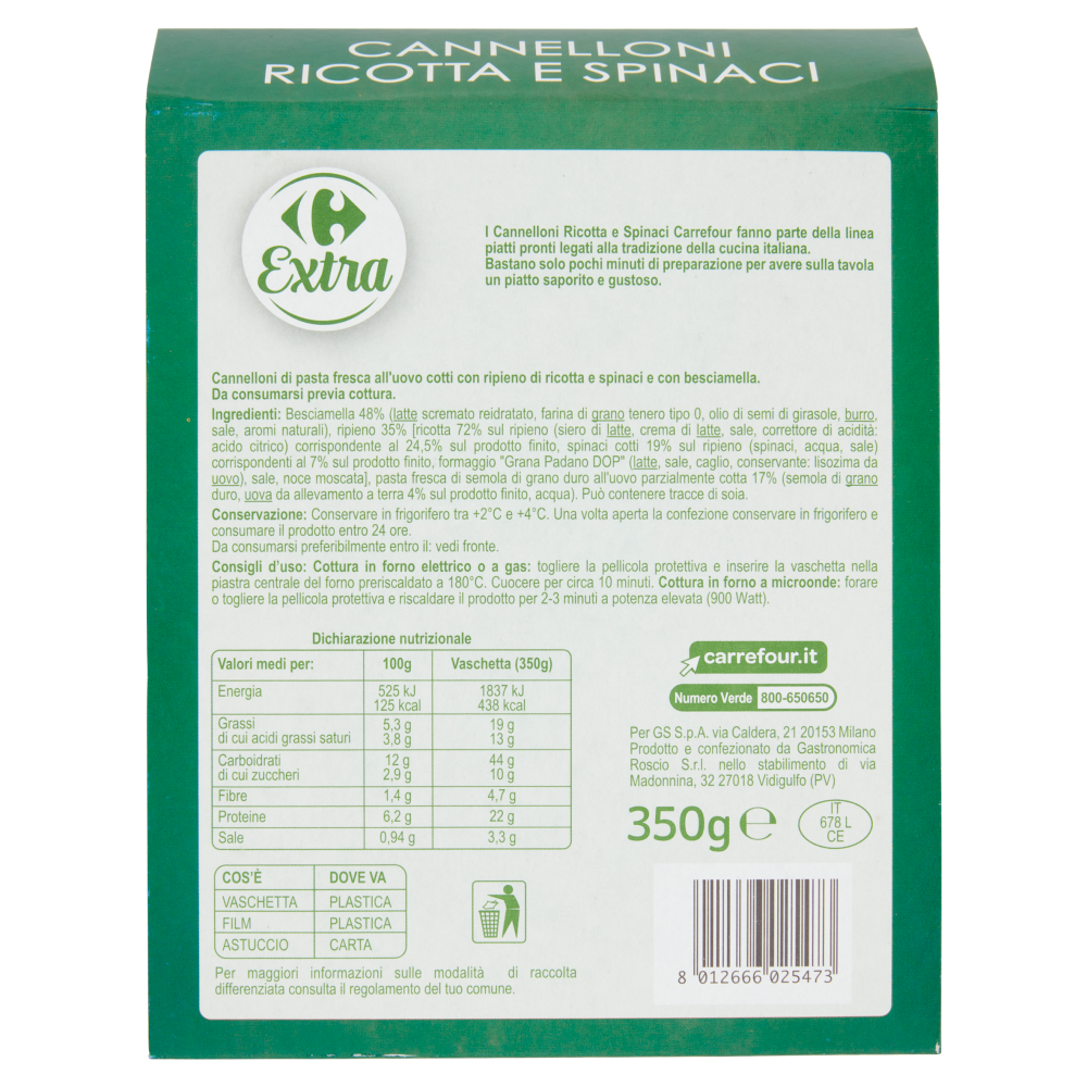 Carrefour Extra Cannelloni Ricotta e Spinaci 350 g