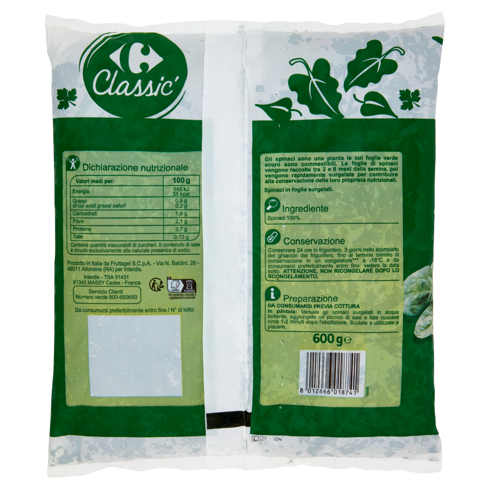 Carrefour Classic Spinaci in Foglia Surgelato 600 g