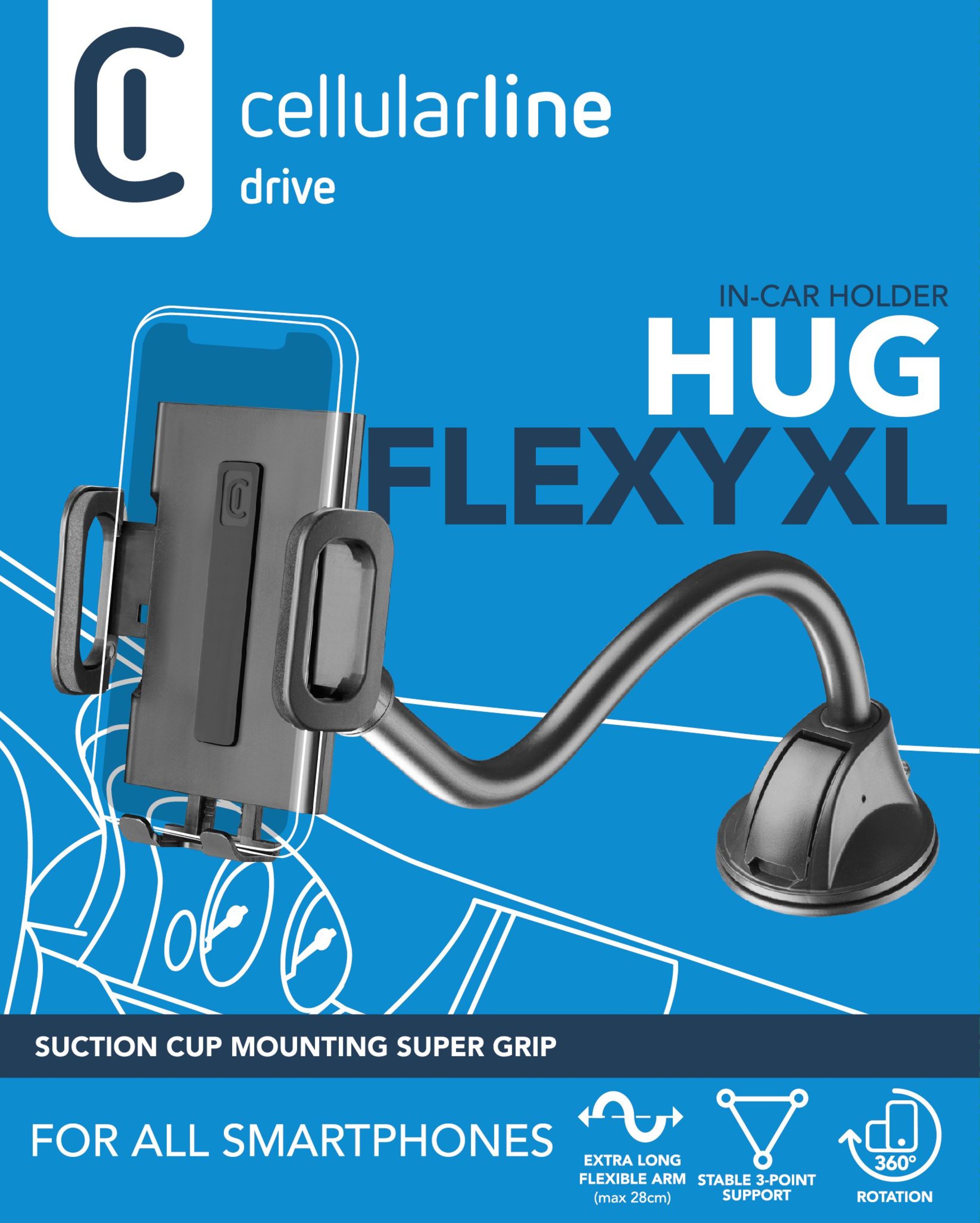 Cellularline Hug Flexi XL - Universal Supporto smartphone da auto con fissaggio a ventosa