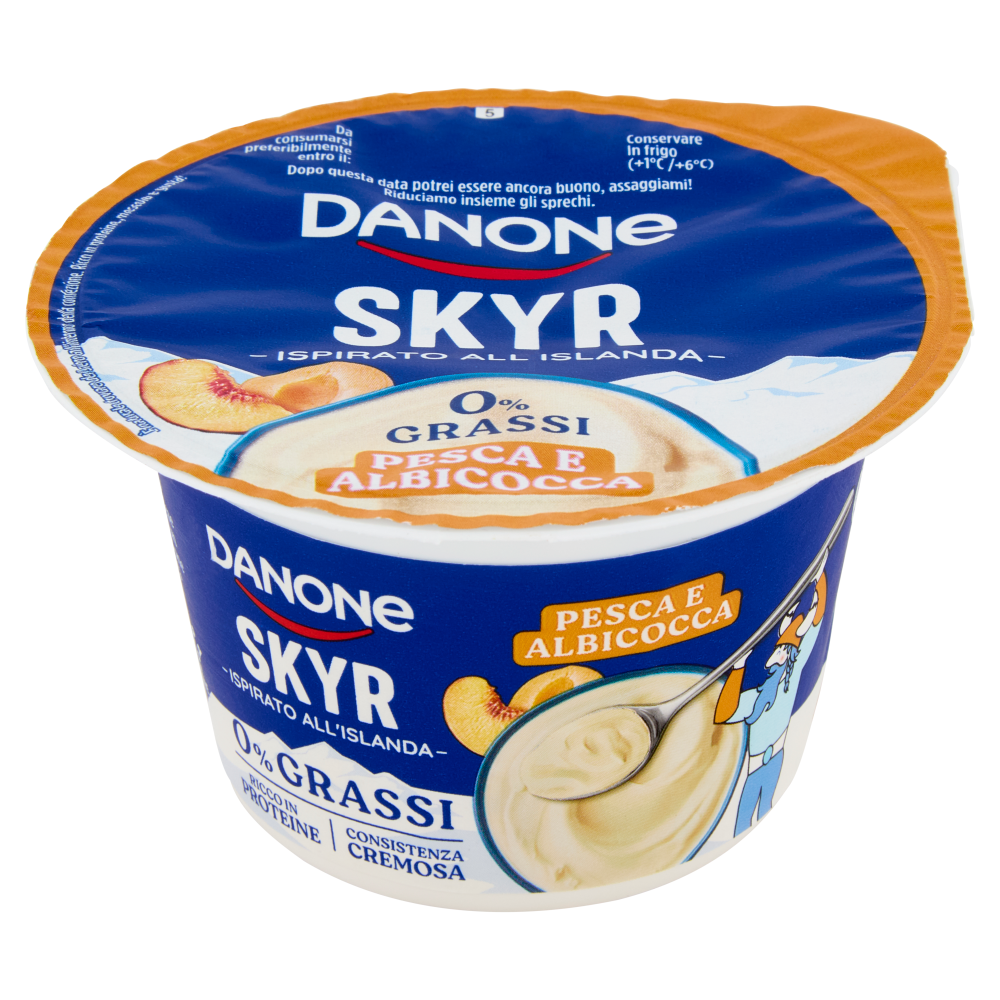 DANONE Skyr, Yogurt ispirato all'Islanda, 0% grassi,Cremoso,Ricco in Proteine, Pesca&Albicocca, 150g