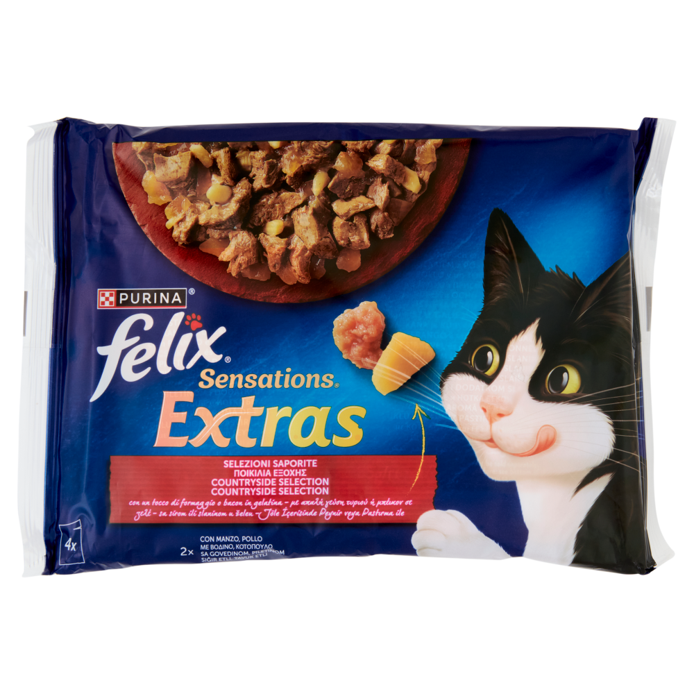 FELIX Sensations Extras Selezioni Saporite con formaggio o bacon in gelatina Manzo, Pollo 4x85g