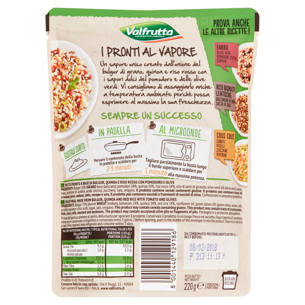 Valfrutta I Pronti al Vapore Bulgur, Quinoa, Riso Rosso, Pomodori, Olive Verdi 220 g