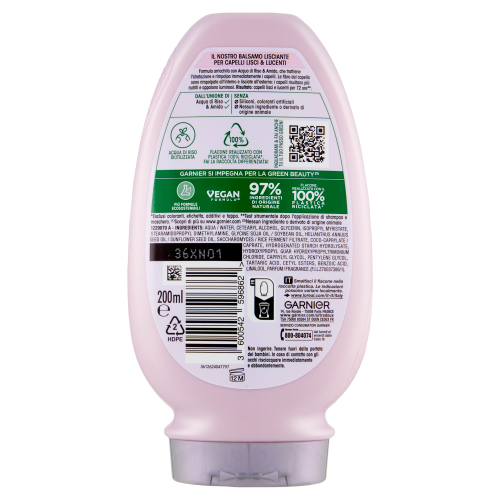 Garnier Ultra Dolce Infuso di Acqua di Riso & Amido, Balsamo Lisciante 200 ml