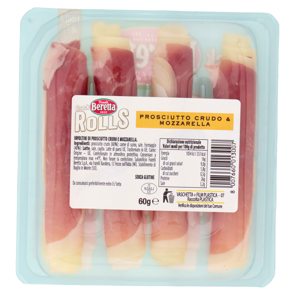 Fratelli Beretta Snack Rolls Prosciutto Crudo & Mozzarella 60 g