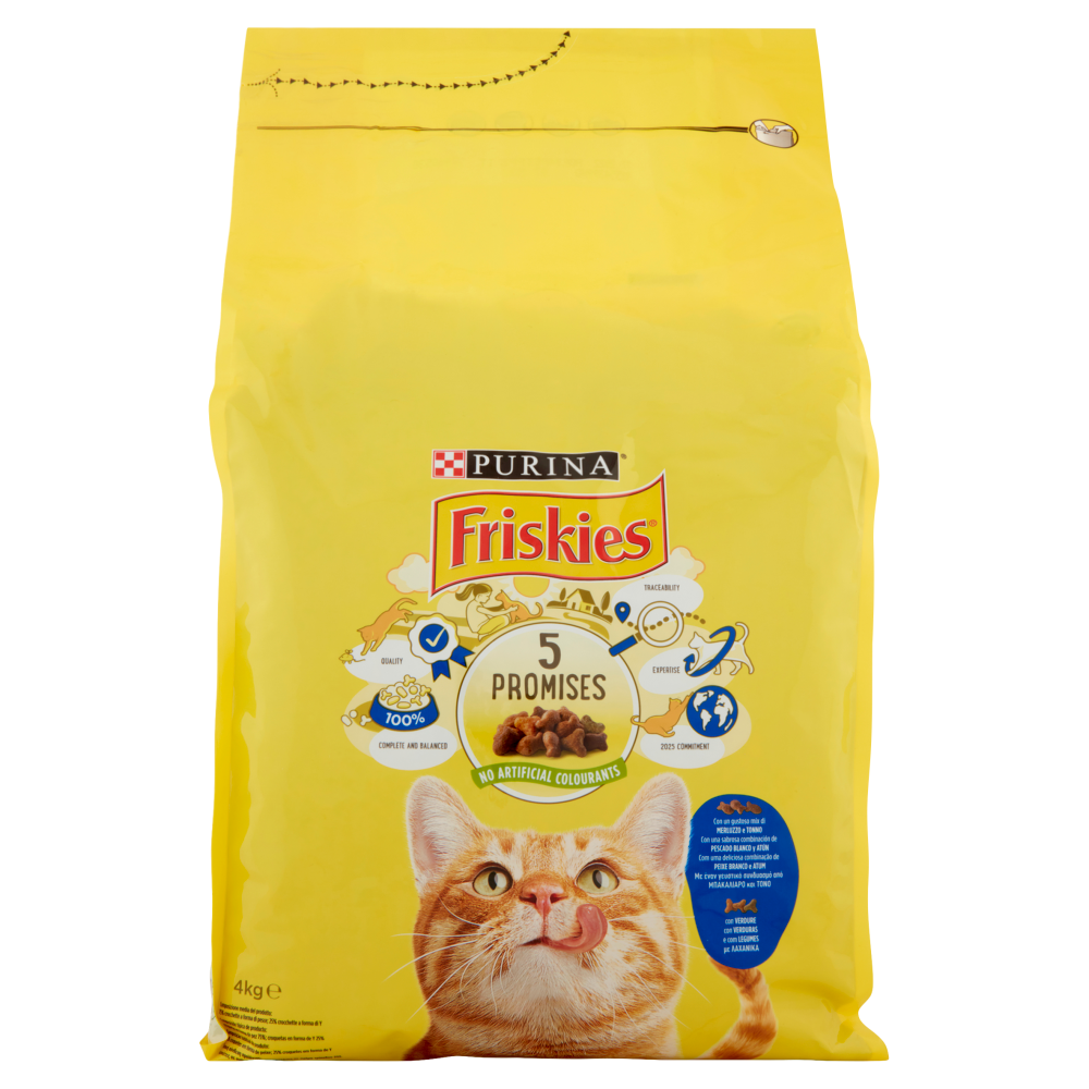 PURINA FRISKIES Gatto con un gustoso mix di&nbsp;Merluzzo e Tonno e con Verdure 4 kg