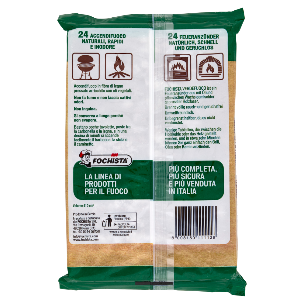 Fochista Verdefuoco Bio-Accendifuoco per Barbecue, Camini e Stufe Cubetti 24 pz