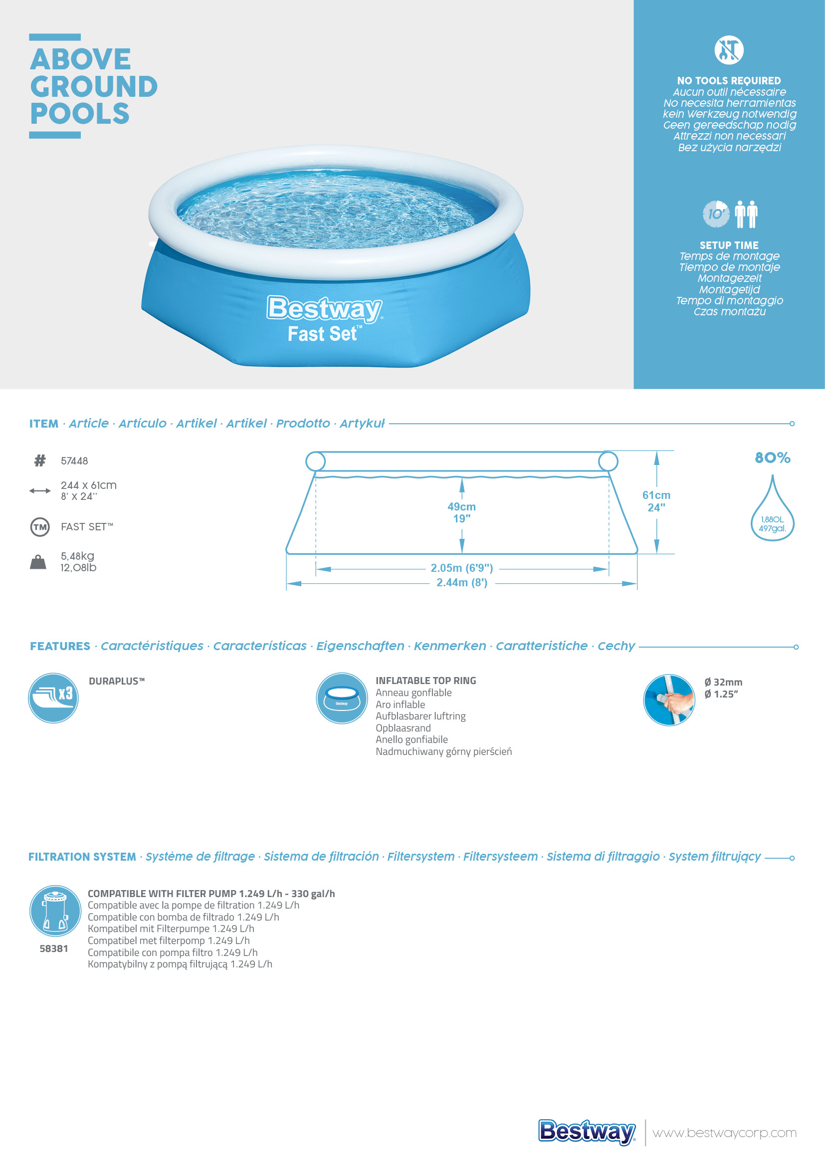 Bestway Fast Set Piscina Autoportante Rotonda mis. 244xh61 cm