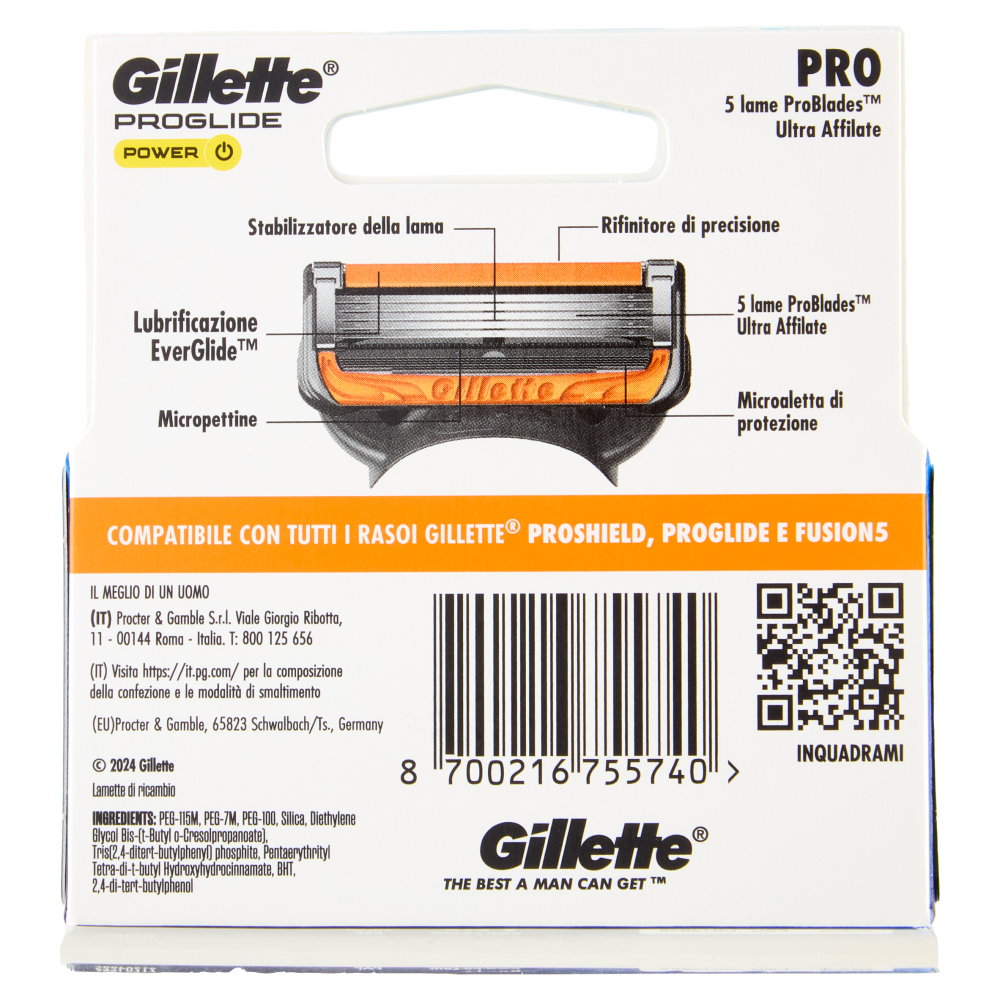 Gillette Proglide Power Lamette di ricambio per Rasoio da Uomo, 4 Ricariche