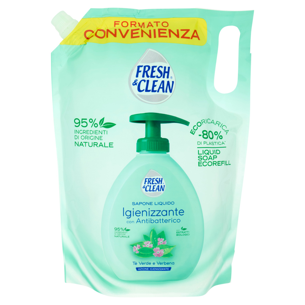 Fresh & Clean Sapone Liquido Igienizzante con Antibatterico Tè Verde e Verbena Ecoricarica 1000 ml