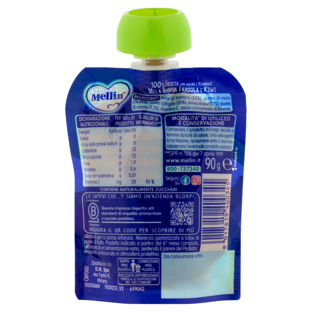 MELLIN Merenda di Frutta 100% con Carota e Vitamina C, Fragola e Kiwi, dal 6° mese, Pouch 90 g